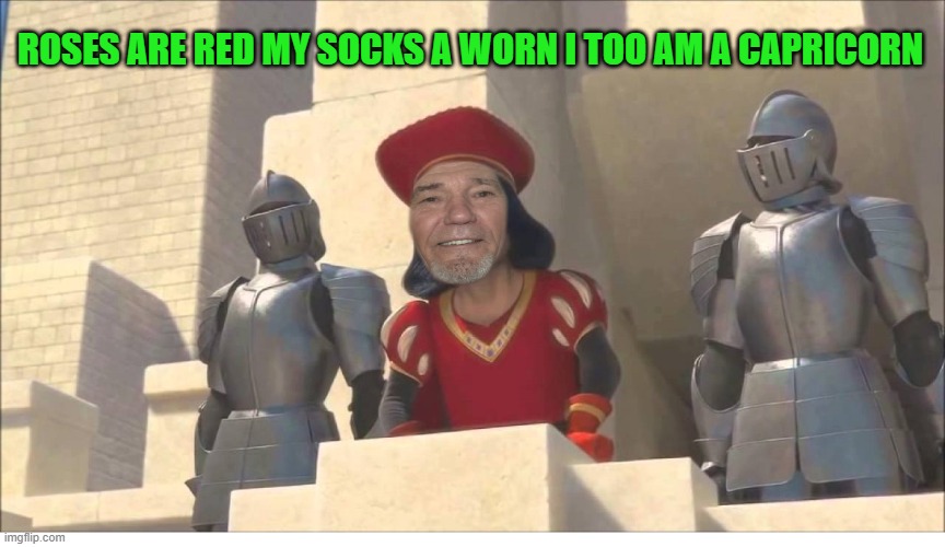 ROSES ARE RED MY SOCKS A WORN I TOO AM A CAPRICORN | image tagged in lew farquaad | made w/ Imgflip meme maker