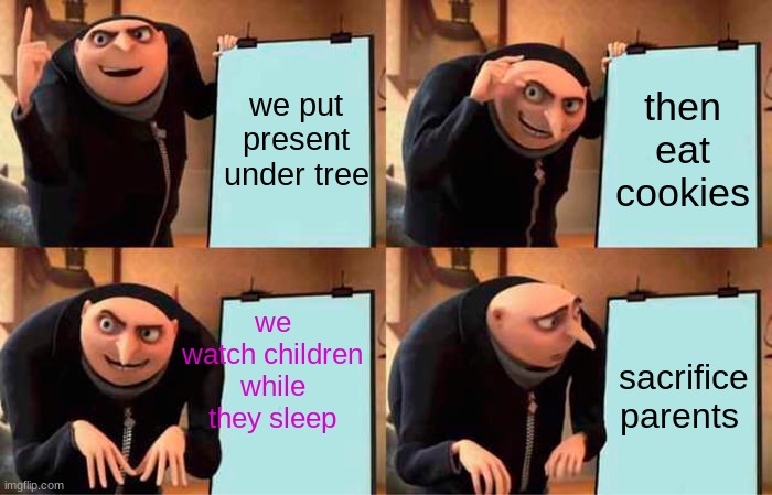 Santa Plan | we put present under tree; then eat cookies; we watch children while they sleep; sacrifice parents | image tagged in memes,gru's plan | made w/ Imgflip meme maker