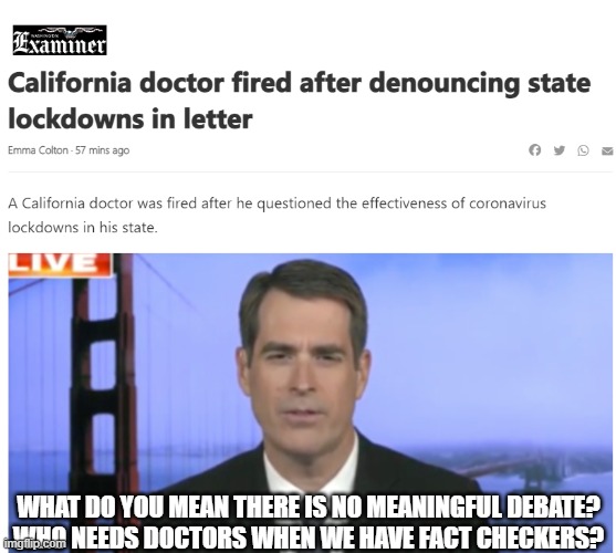 What Do Doctors Know? | WHAT DO YOU MEAN THERE IS NO MEANINGFUL DEBATE?
WHO NEEDS DOCTORS WHEN WE HAVE FACT CHECKERS? | image tagged in covid,lockdowns,doctors | made w/ Imgflip meme maker