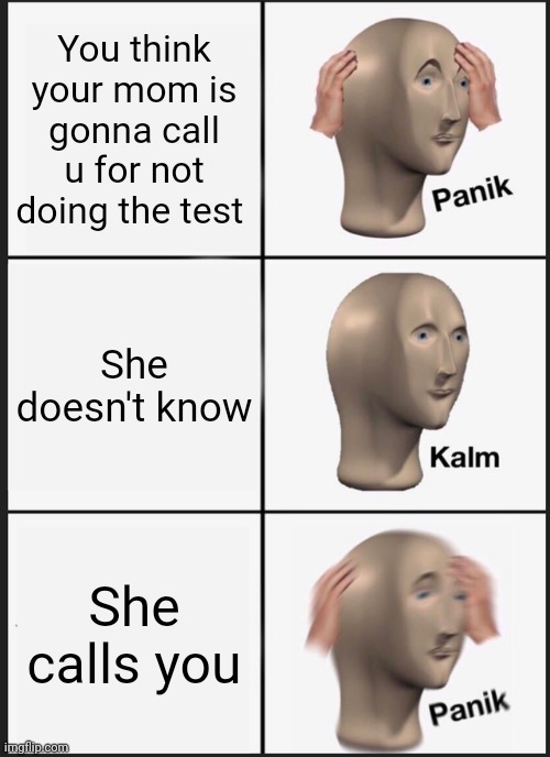:o | You think your mom is gonna call u for not doing the test; She doesn't know; She calls you | image tagged in memes,panik kalm panik | made w/ Imgflip meme maker