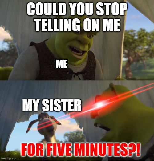 who can relate with their siblings | COULD YOU STOP TELLING ON ME; ME; MY SISTER; FOR FIVE MINUTES?! | image tagged in shrek for five minutes | made w/ Imgflip meme maker