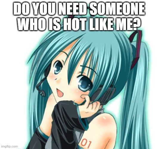 Hot Miku | DO YOU NEED SOMEONE WHO IS HOT LIKE ME? | image tagged in hatsune miku,memes,hot | made w/ Imgflip meme maker