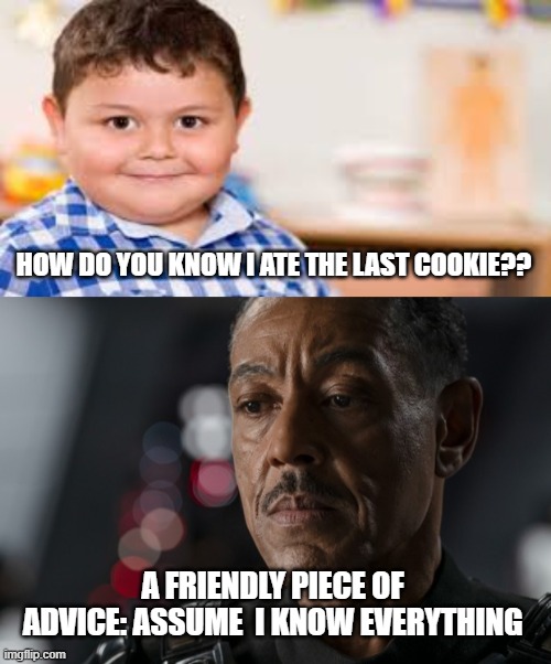 My son and I |  HOW DO YOU KNOW I ATE THE LAST COOKIE?? A FRIENDLY PIECE OF ADVICE: ASSUME  I KNOW EVERYTHING | image tagged in funny,TheMandalorianTV | made w/ Imgflip meme maker