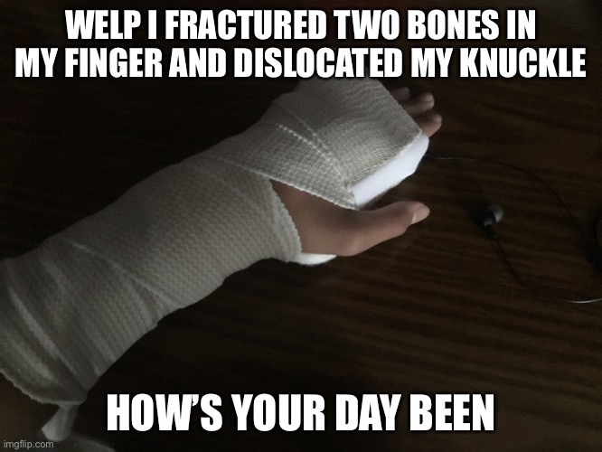 WELP I FRACTURED TWO BONES IN MY FINGER AND DISLOCATED MY KNUCKLE; HOW’S YOUR DAY BEEN | made w/ Imgflip meme maker