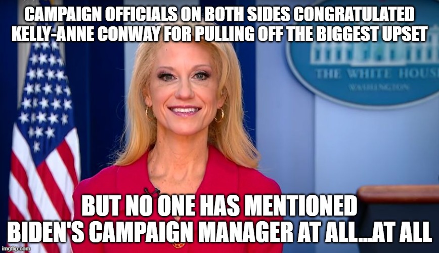 Kelly Ann Conway | CAMPAIGN OFFICIALS ON BOTH SIDES CONGRATULATED KELLY-ANNE CONWAY FOR PULLING OFF THE BIGGEST UPSET BUT NO ONE HAS MENTIONED BIDEN'S CAMPAIGN | image tagged in kelly ann conway | made w/ Imgflip meme maker