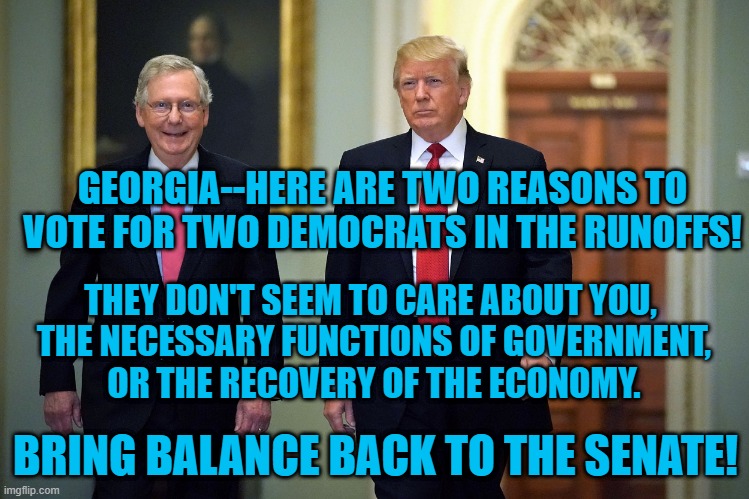 Failure Thy Name Is Republican. | GEORGIA--HERE ARE TWO REASONS TO VOTE FOR TWO DEMOCRATS IN THE RUNOFFS! THEY DON'T SEEM TO CARE ABOUT YOU,
 THE NECESSARY FUNCTIONS OF GOVERNMENT,
 OR THE RECOVERY OF THE ECONOMY. BRING BALANCE BACK TO THE SENATE! | image tagged in politics | made w/ Imgflip meme maker