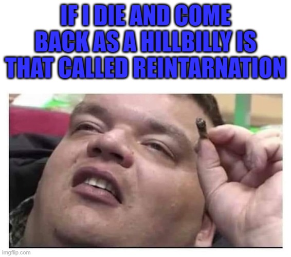 Hillbilly hell more like... | IF I DIE AND COME BACK AS A HILLBILLY IS THAT CALLED REINTARNATION | image tagged in reintarnation,memes,hillbilly,funny,reincarnation | made w/ Imgflip meme maker