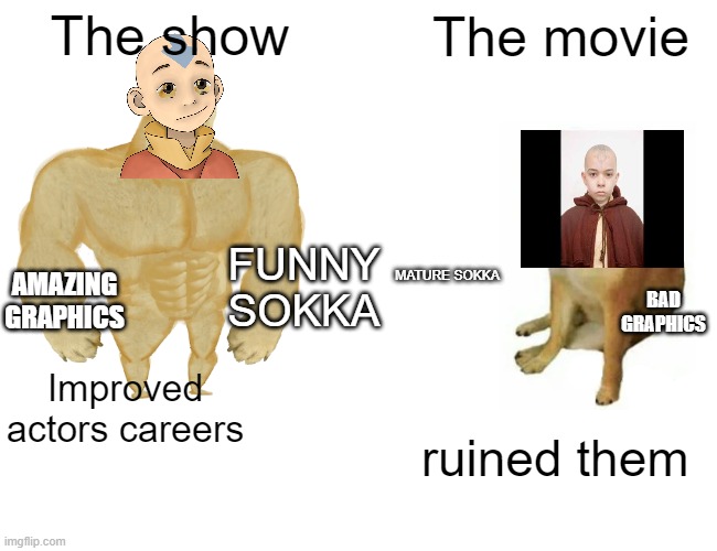 Buff Doge vs. Cheems | The show; The movie; FUNNY SOKKA; MATURE SOKKA; AMAZING GRAPHICS; BAD GRAPHICS; Improved actors careers; ruined them | image tagged in memes,buff doge vs cheems | made w/ Imgflip meme maker