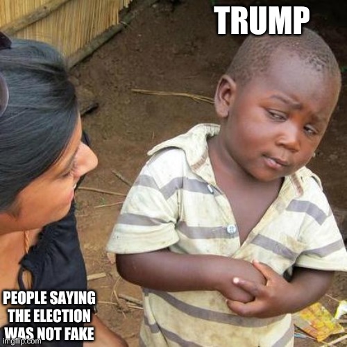 Third World Skeptical Kid | TRUMP; PEOPLE SAYING THE ELECTION WAS NOT FAKE | image tagged in memes,third world skeptical kid | made w/ Imgflip meme maker