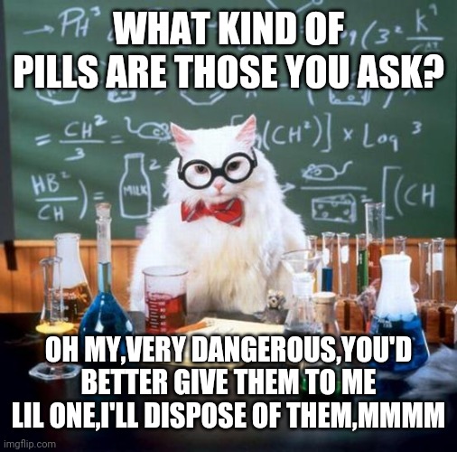 Chemistry Cat Meme | WHAT KIND OF PILLS ARE THOSE YOU ASK? OH MY,VERY DANGEROUS,YOU'D BETTER GIVE THEM TO ME LIL ONE,I'LL DISPOSE OF THEM,MMMM | image tagged in memes,chemistry cat | made w/ Imgflip meme maker