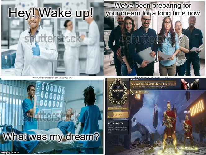 Blank Comic Panel 2x2 Meme | We've been preparing for your dream for a long time now; Hey! Wake up! What was my dream? | image tagged in memes,blank comic panel 2x2 | made w/ Imgflip meme maker