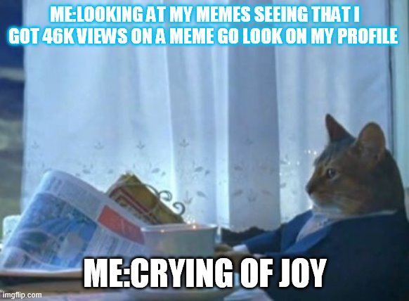 I Should Buy A Boat Cat | ME:LOOKING AT MY MEMES SEEING THAT I GOT 46K VIEWS ON A MEME GO LOOK ON MY PROFILE; ME:CRYING OF JOY | image tagged in memes,i should buy a boat cat | made w/ Imgflip meme maker