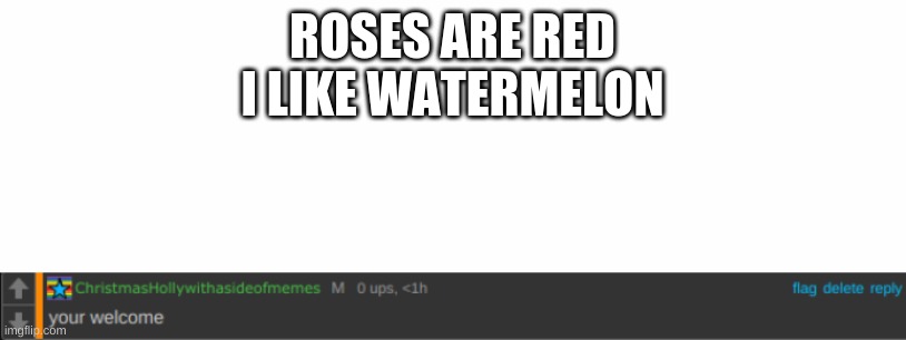 ROSES ARE RED
I LIKE WATERMELON | image tagged in white text box | made w/ Imgflip meme maker