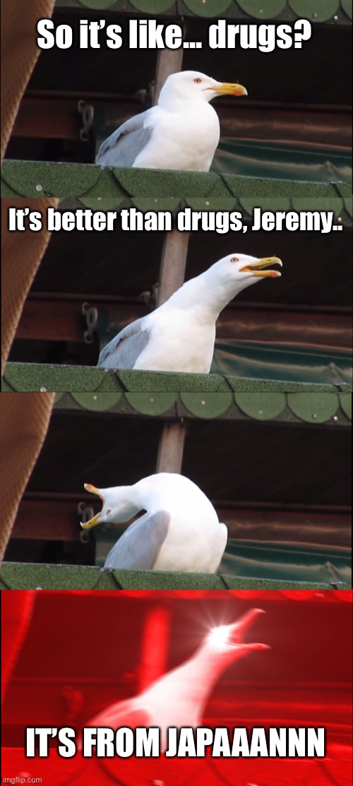 Inhaling Seagull | So it’s like... drugs? It’s better than drugs, Jeremy.. IT’S FROM JAPAAANNN | image tagged in memes,inhaling seagull | made w/ Imgflip meme maker