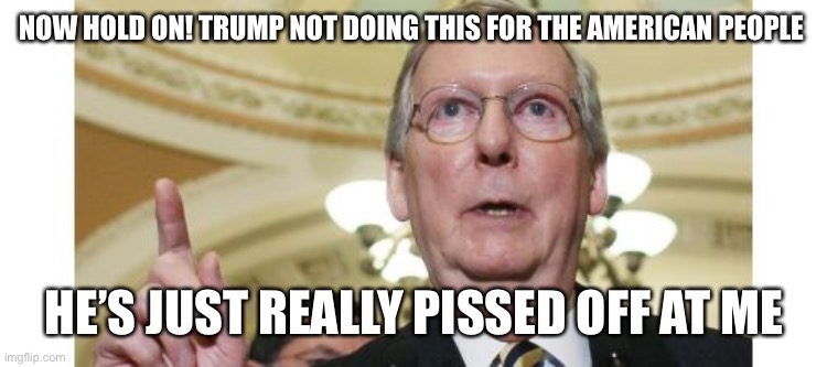 Mitch McConnell Meme | NOW HOLD ON! TRUMP NOT DOING THIS FOR THE AMERICAN PEOPLE HE’S JUST REALLY PISSED OFF AT ME | image tagged in memes,mitch mcconnell | made w/ Imgflip meme maker