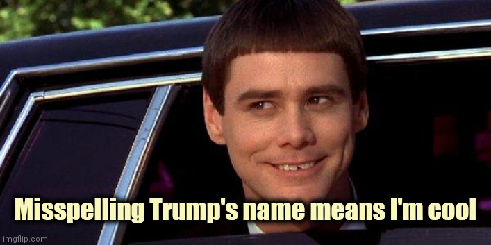 dumb and dumber | Misspelling Trump's name means I'm cool | image tagged in dumb and dumber | made w/ Imgflip meme maker