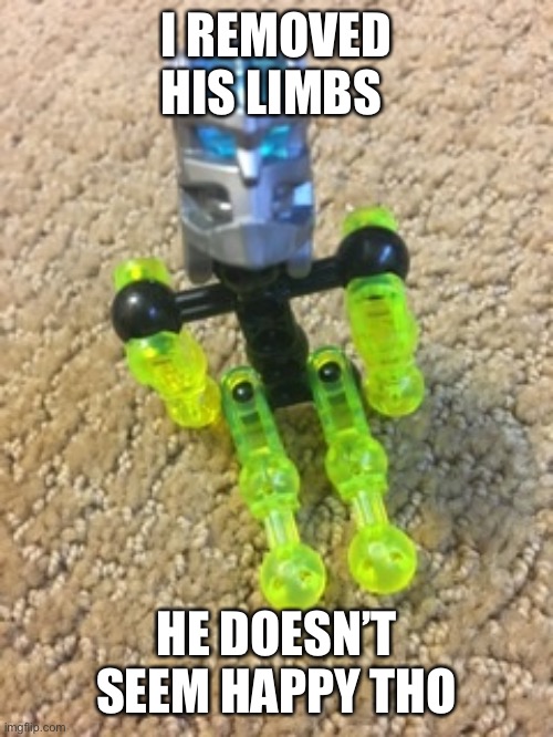 Little LEGO bionicle not happy | I REMOVED HIS LIMBS; HE DOESN’T SEEM HAPPY THO | image tagged in little lego bionicle not happy | made w/ Imgflip meme maker