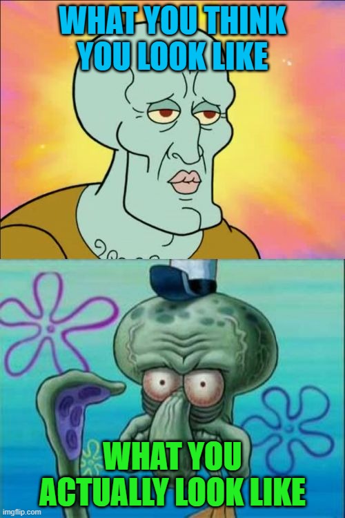 Squidward Meme | WHAT YOU THINK YOU LOOK LIKE; WHAT YOU ACTUALLY LOOK LIKE | image tagged in memes,squidward | made w/ Imgflip meme maker