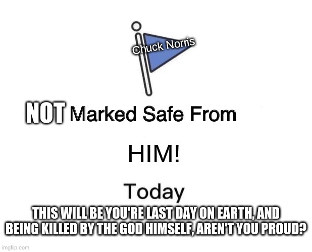 Marked Safe From | Chuck Norris; NOT; HIM! THIS WILL BE YOU'RE LAST DAY ON EARTH, AND BEING KILLED BY THE GOD HIMSELF, AREN'T YOU PROUD? | image tagged in memes,marked safe from | made w/ Imgflip meme maker