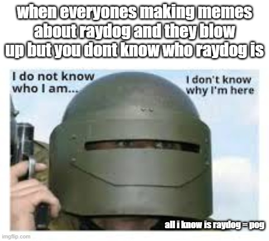 im confused guys | when everyones making memes about raydog and they blow up but you dont know who raydog is; all i know is raydog = pog | image tagged in i dont know who i am | made w/ Imgflip meme maker
