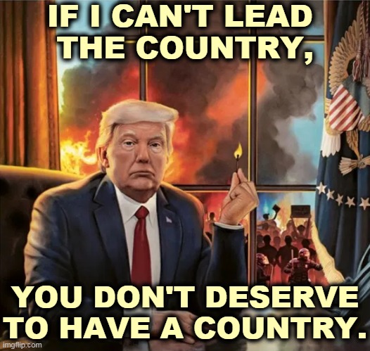 I'll show you. | IF I CAN'T LEAD 
THE COUNTRY, YOU DON'T DESERVE TO HAVE A COUNTRY. | image tagged in trump sets fire to a country he can't lead,trump,burn,country,bad,leader | made w/ Imgflip meme maker