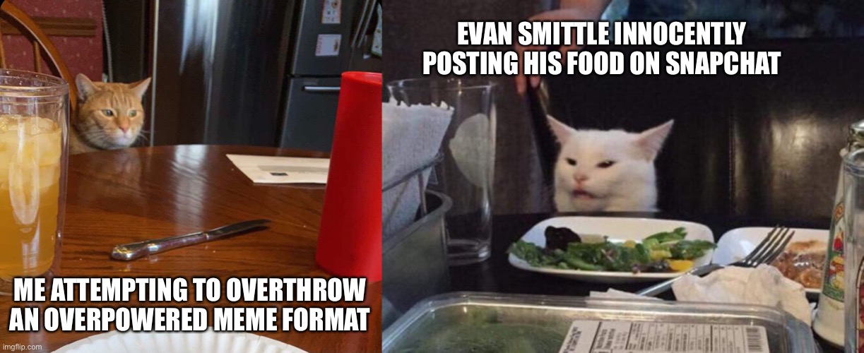 I present, a new thing | EVAN SMITTLE INNOCENTLY POSTING HIS FOOD ON SNAPCHAT; ME ATTEMPTING TO OVERTHROW AN OVERPOWERED MEME FORMAT | image tagged in cats | made w/ Imgflip meme maker