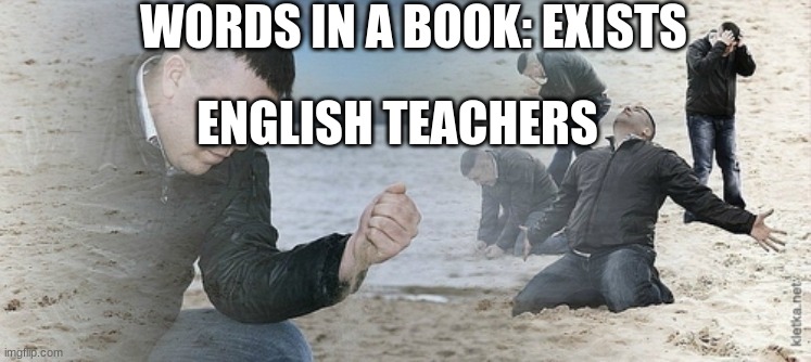 Crying on beach | WORDS IN A BOOK: EXISTS; ENGLISH TEACHERS | image tagged in crying on beach | made w/ Imgflip meme maker