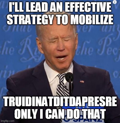 Biden | I'LL LEAD AN EFFECTIVE STRATEGY TO MOBILIZE; TRUIDINATDITDAPRESRE ONLY I CAN DO THAT | image tagged in will you shut up man | made w/ Imgflip meme maker
