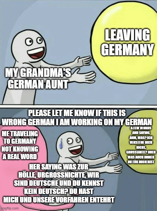 help me with my german please | LEAVING GERMANY; MY GRANDMA'S GERMAN AUNT; PLEASE LET ME KNOW IF THIS IS WRONG GERMAN I AM WORKING ON MY GERMAN; ME KNOWING A FEW WORDS AND SAYING ÄHM, WAS? ICH VERSTEHE DICH NICHT, GROSSTANTE? ODER WAS AUCH IMMER DU FÜR MICH BIST; ME TRAVELING TO GERMANY NOT KNOWING A REAL WORD; HER SAYING WAS ZUR HÖLLE, URGROSSNICHTE, WIR SIND DEUTSCHE UND DU KENNST KEIN DEUTSCH? DU HAST MICH UND UNSERE VORFAHREN ENTEHRT | image tagged in memes,running away balloon | made w/ Imgflip meme maker