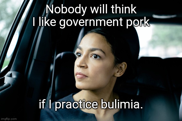 Deep thoughts with Alexandria Ocasio-Cortez | Nobody will think I like government pork; if I practice bulimia. | image tagged in alexandria ocasio-cortez,aoc,idiot,government pork,pork barrel spending,socialist stupidity | made w/ Imgflip meme maker
