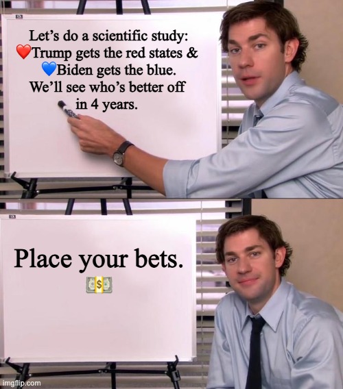 Experiment: Trump gets the red states, Biden gets the blue | Let’s do a scientific study:
❤️Trump gets the red states & 
💙Biden gets the blue.
We’ll see who’s better off 
in 4 years. Place your bets.
💵 | image tagged in jim halpert explains | made w/ Imgflip meme maker