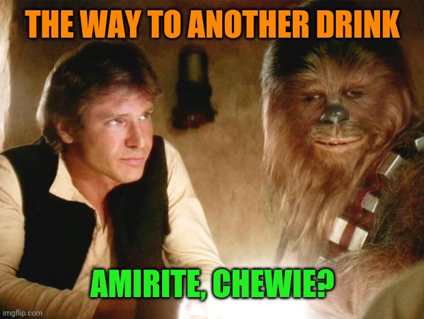 Han Solo Chewbacca | THE WAY TO ANOTHER DRINK AMIRITE, CHEWIE? | image tagged in han solo chewbacca | made w/ Imgflip meme maker