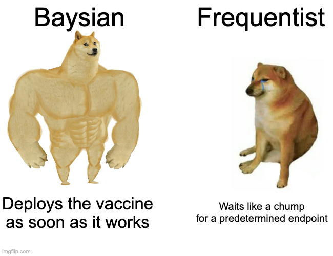 Buff Doge vs. Cheems | Baysian; Frequentist; Deploys the vaccine as soon as it works; Waits like a chump for a predetermined endpoint | image tagged in memes,buff doge vs cheems | made w/ Imgflip meme maker