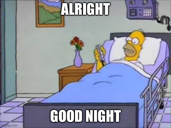 Homer Hospital Bed | ALRIGHT; GOOD NIGHT | image tagged in homer hospital bed | made w/ Imgflip meme maker