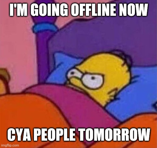 Bai | I'M GOING OFFLINE NOW; CYA PEOPLE TOMORROW | image tagged in angry homer simpson in bed | made w/ Imgflip meme maker