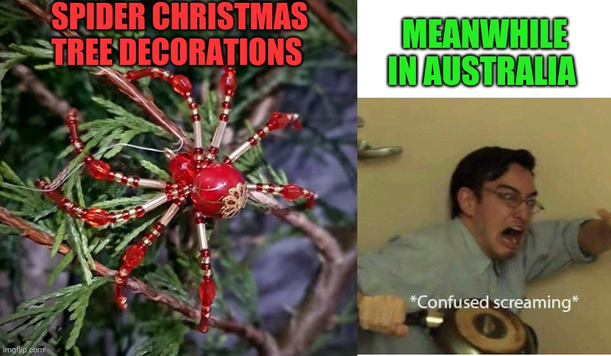Nope. Do not. | SPIDER CHRISTMAS TREE DECORATIONS; MEANWHILE IN AUSTRALIA | image tagged in confused screaming,merry christmas | made w/ Imgflip meme maker