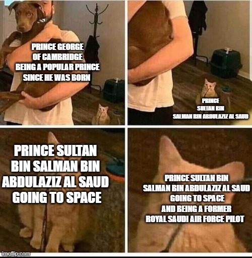 PRINCE SULTAN BIN SALMAN BIN ABDULAZIZ AL SAUD; PRINCE GEORGE OF CAMBRIDGE
BEING A POPULAR PRINCE SINCE HE WAS BORN; PRINCE SULTAN BIN SALMAN BIN ABDULAZIZ AL SAUD
 GOING TO SPACE; PRINCE SULTAN BIN SALMAN BIN ABDULAZIZ AL SAUD
 GOING TO SPACE AND BEING A FORMER ROYAL SAUDI AIR FORCE PILOT | made w/ Imgflip meme maker