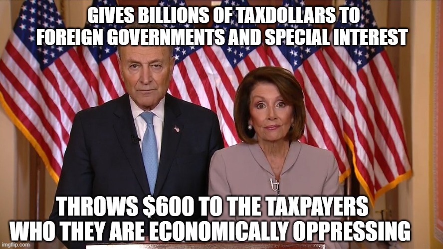 bastids | GIVES BILLIONS OF TAXDOLLARS TO FOREIGN GOVERNMENTS AND SPECIAL INTEREST; THROWS $600 TO THE TAXPAYERS WHO THEY ARE ECONOMICALLY OPPRESSING | image tagged in chuck and nancy | made w/ Imgflip meme maker