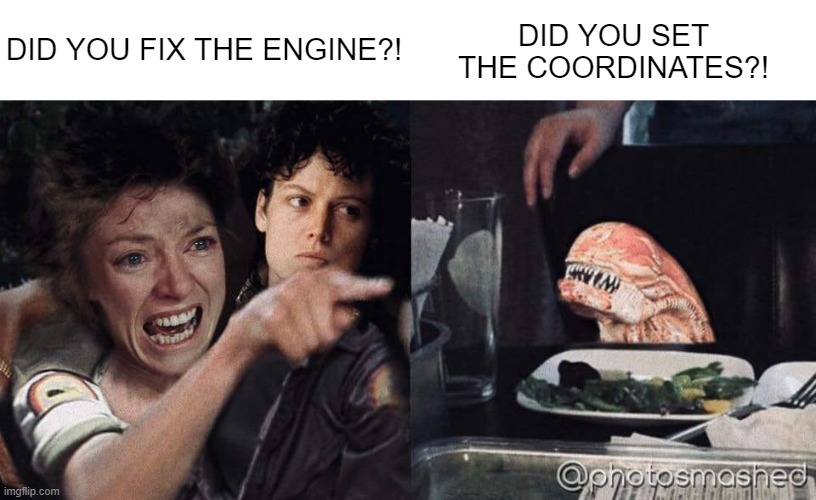 woman yelling at cat aliens | DID YOU FIX THE ENGINE?! DID YOU SET THE COORDINATES?! | image tagged in woman yelling at cat | made w/ Imgflip meme maker