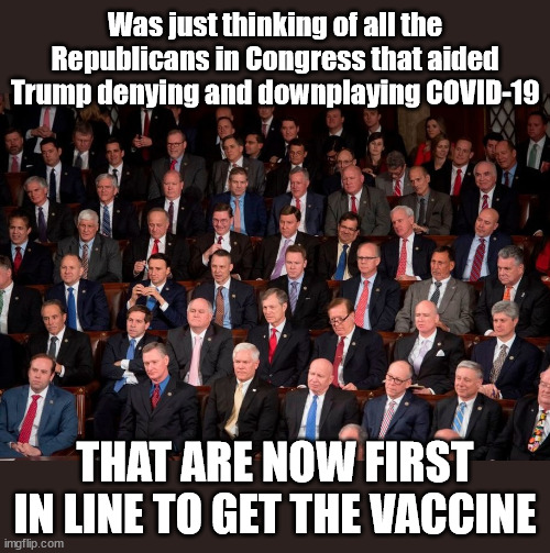 And they can all get pardons | Was just thinking of all the Republicans in Congress that aided Trump denying and downplaying COVID-19; THAT ARE NOW FIRST IN LINE TO GET THE VACCINE | image tagged in trump to gop,trump,donald trump,republicans,republican congress,covid-19 | made w/ Imgflip meme maker