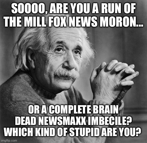 Einstein | SOOOO, ARE YOU A RUN OF THE MILL FOX NEWS MORON... OR A COMPLETE BRAIN DEAD NEWSMAXX IMBECILE? WHICH KIND OF STUPID ARE YOU? | image tagged in einstein | made w/ Imgflip meme maker