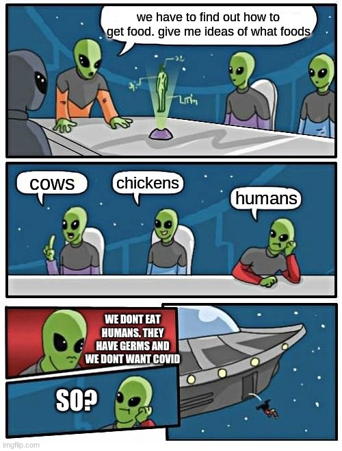 Alien Meeting Suggestion | we have to find out how to get food. give me ideas of what foods; chickens; cows; humans; WE DONT EAT HUMANS. THEY HAVE GERMS AND WE DONT WANT COVID; SO? | image tagged in memes,alien meeting suggestion | made w/ Imgflip meme maker