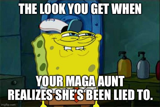 Don't You Squidward | THE LOOK YOU GET WHEN; YOUR MAGA AUNT REALIZES SHE’S BEEN LIED TO. | image tagged in memes,don't you squidward | made w/ Imgflip meme maker