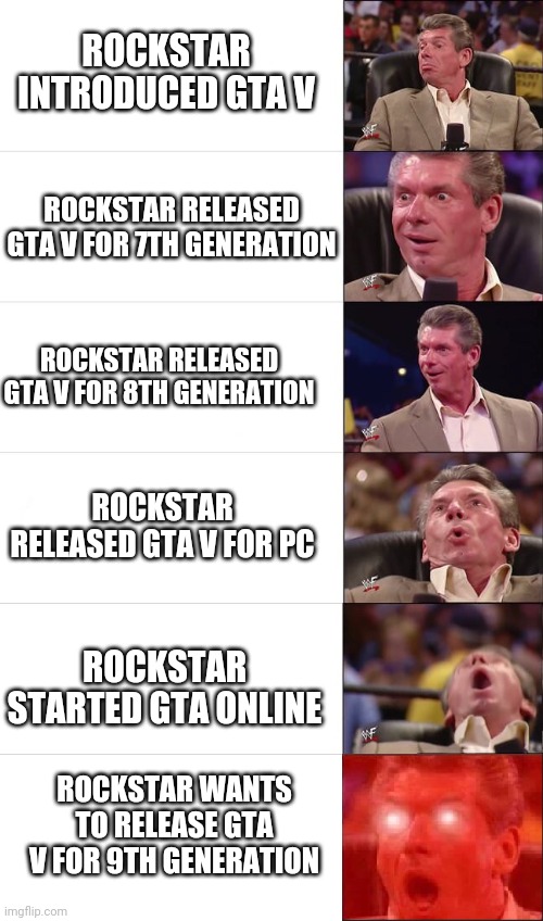 Rockstar & GTA V | ROCKSTAR INTRODUCED GTA V; ROCKSTAR RELEASED GTA V FOR 7TH GENERATION; ROCKSTAR RELEASED GTA V FOR 8TH GENERATION; ROCKSTAR RELEASED GTA V FOR PC; ROCKSTAR STARTED GTA ONLINE; ROCKSTAR WANTS TO RELEASE GTA V FOR 9TH GENERATION | image tagged in rockstar,gta,gta 5,ps5,gta online | made w/ Imgflip meme maker