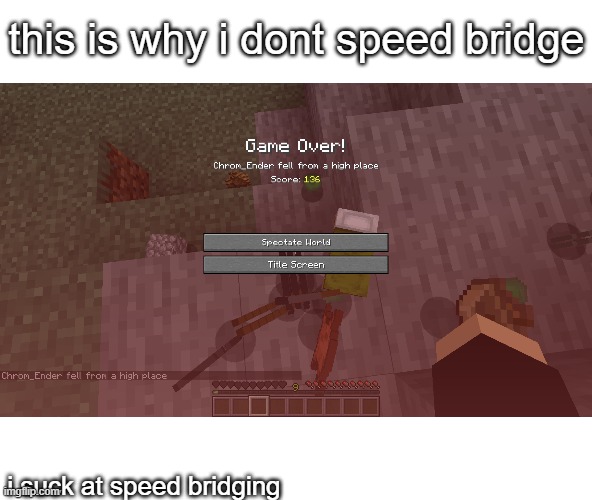who agrees? | this is why i dont speed bridge; i suck at speed bridging | image tagged in game over | made w/ Imgflip meme maker