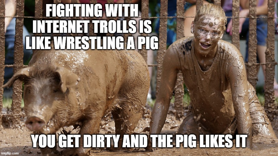 fighting with internet trolls | FIGHTING WITH INTERNET TROLLS IS LIKE WRESTLING A PIG; YOU GET DIRTY AND THE PIG LIKES IT | image tagged in pigs,wrestling,trolls | made w/ Imgflip meme maker