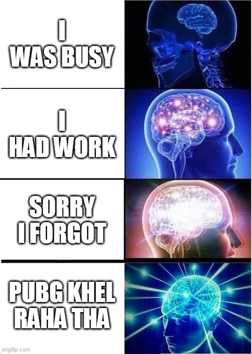 MY EXCUSES | I WAS BUSY; I HAD WORK; SORRY I FORGOT; PUBG KHEL RAHA THA | image tagged in memes,expanding brain | made w/ Imgflip meme maker