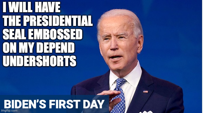 Biden | I WILL HAVE THE PRESIDENTIAL SEAL EMBOSSED 
ON MY DEPEND               
UNDERSHORTS | image tagged in first order | made w/ Imgflip meme maker