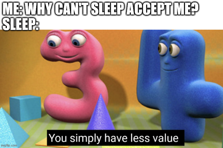 *cries in insomnia* | ME: WHY CAN'T SLEEP ACCEPT ME?
SLEEP: | image tagged in you simply have less value | made w/ Imgflip meme maker