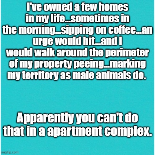 property | I've owned a few homes in my life...sometimes in the morning...sipping on coffee...an urge would hit...and I would walk around the perimeter of my property peeing...marking my territory as male animals do. Apparently you can't do that in a apartment complex. | image tagged in male | made w/ Imgflip meme maker